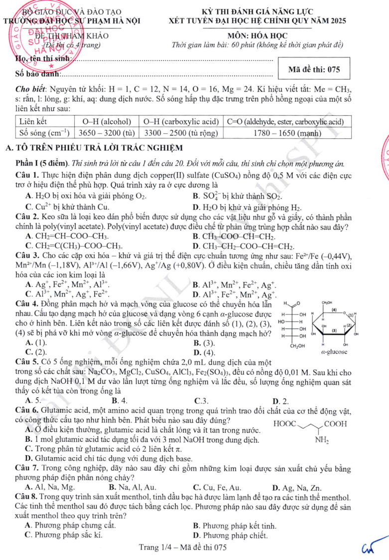 Đề minh họa ĐGNL Đại học Sư phạm Hà Nội 2025 - Môn Hóa (Có đáp án)