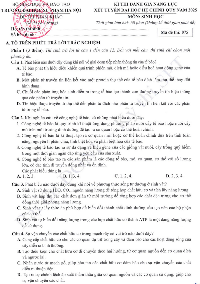 Đề minh họa ĐGNL Đại học Sư phạm Hà Nội 2025 - Môn Sinh (Có đáp án)