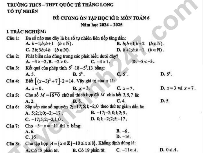 Đề cương ôn tập kì 1 Toán lớp 6 THCS-THPT Quốc tế Thăng Long 2024