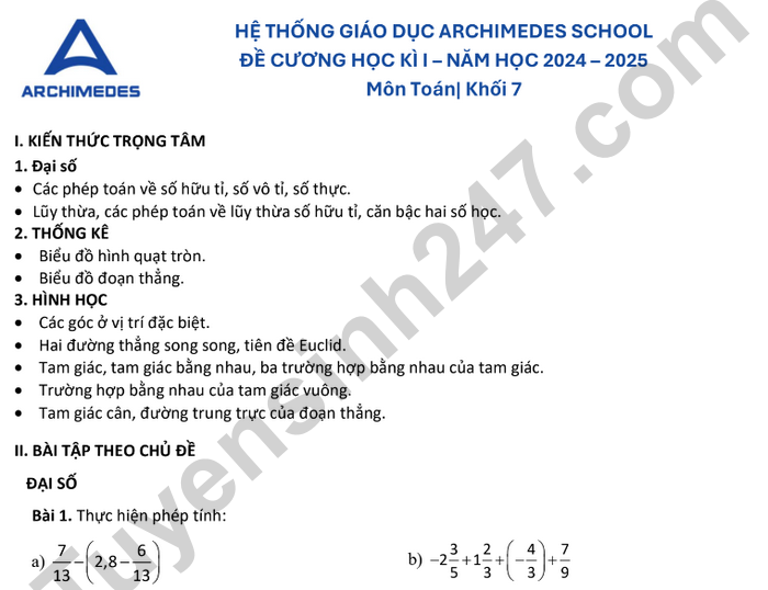 Đề cương ôn tập học kì 1 lớp 7 môn Toán 2024 - Archimedes school