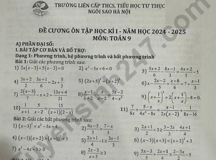 Đề cương ôn tập học kì 1 lớp 9 môn Toán 2024 - TH THCS Ngôi Sao Hà Nội