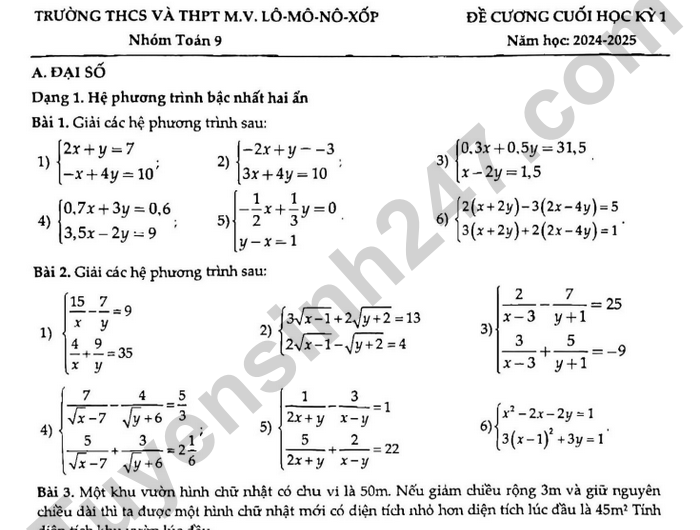 Đề cương cuối học kì 1 lớp 9 môn Toán 2024 - THCS và THPT M.V.Lômônôxốp