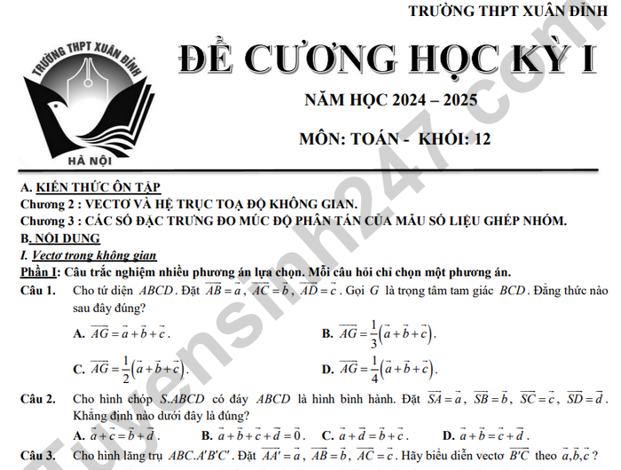 Đề cương ôn tập học kì 1 lớp 12 môn Toán 2024 - THPT Xuân Đỉnh