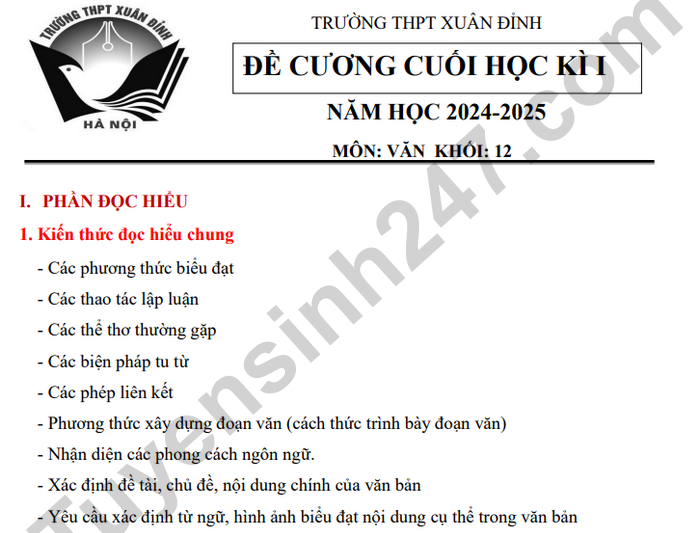 Đề cương học kì 1 năm 2024 THPT Xuân Đỉnh - môn Văn lớp 12