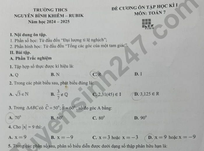 Đề cương ôn tập HK1 năm 2024 THCS Nguyễn Bỉnh Khiêm - Rubik lớp 7 môn Toán