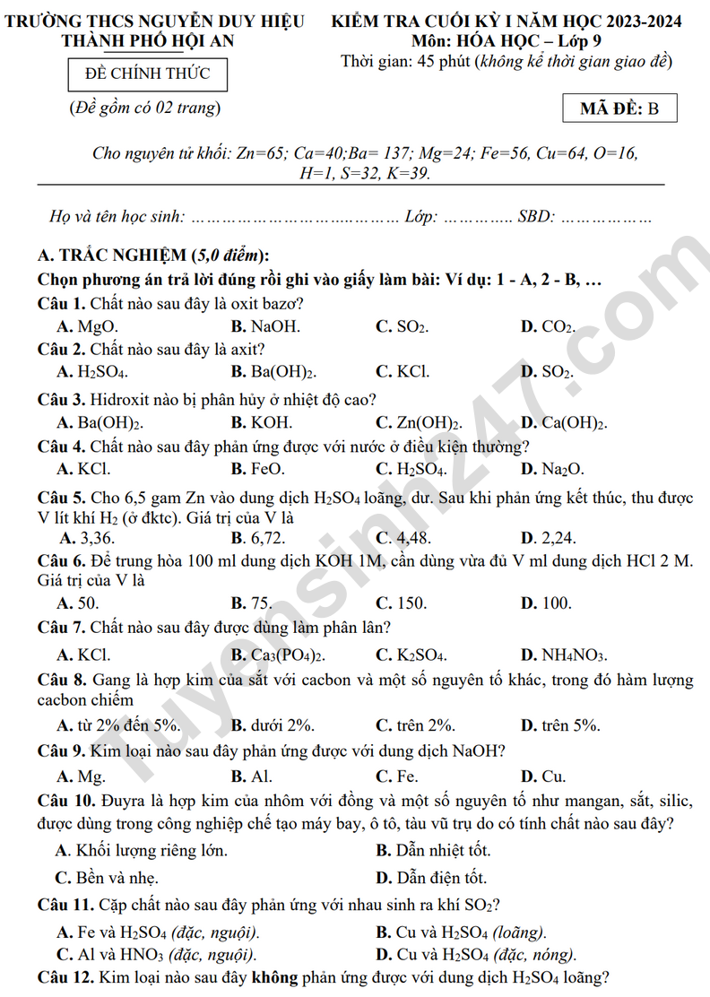 Đề thi HK1 môn Hóa lớp 9 năm 2024 - THCS Nguyễn Duy Hiệu
