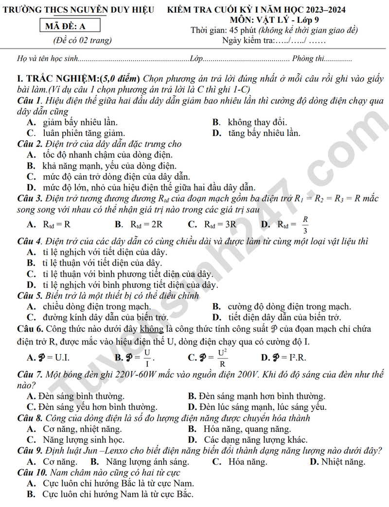 Đề thi học kì 1 môn Lý lớp 9 - THCS Nguyễn Duy Hiệu 2024