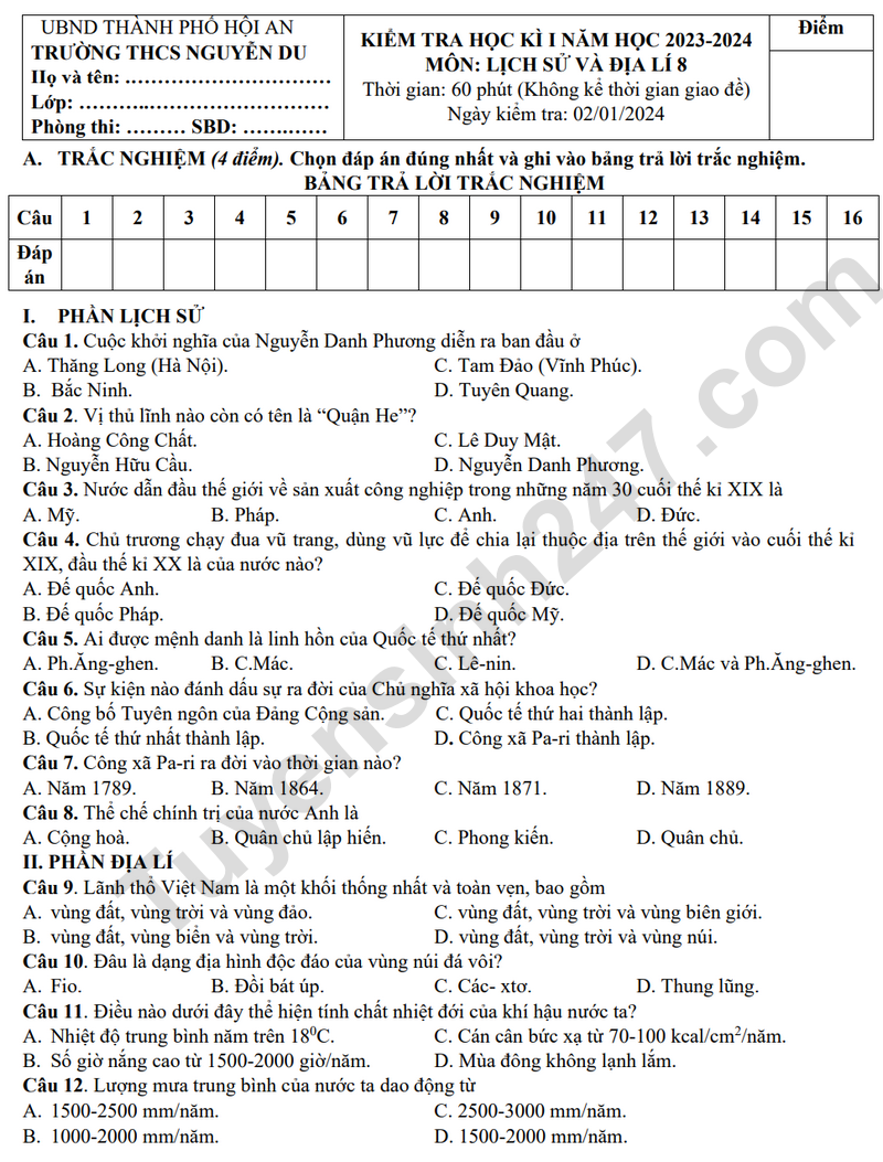 Đề thi HK1 lớp 8 môn Lịch sử và Địa lý 2024 - THCS Nguyễn Du