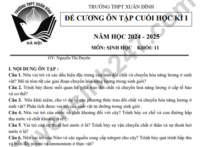 Đề cương ôn tập học kì 1 lớp 11 môn Sinh 2024 - THPT Xuân Đỉnh