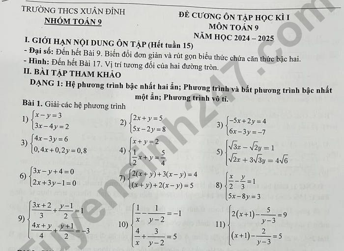 Đề cương học kì 1 môn Toán lớp 9 THCS Xuân Đỉnh 2024