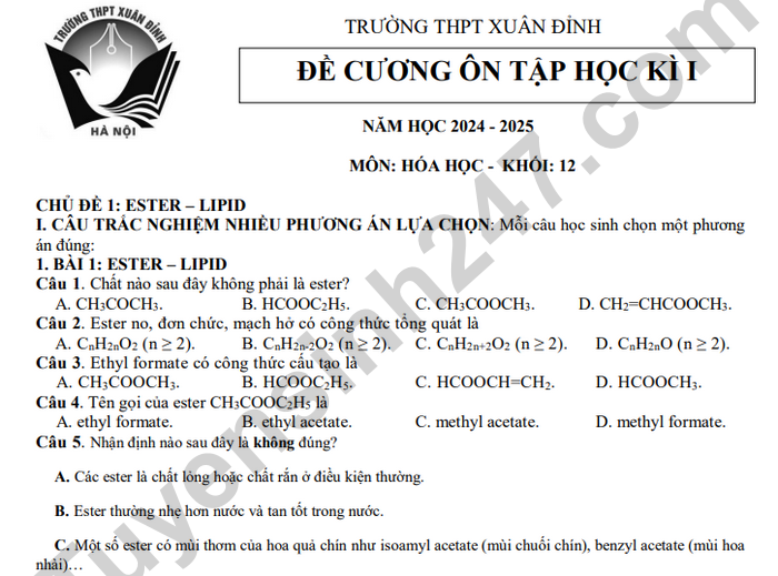 Đề cương học kì 1 lớp 12 môn Hóa 2024 - THPT Xuân Đỉnh