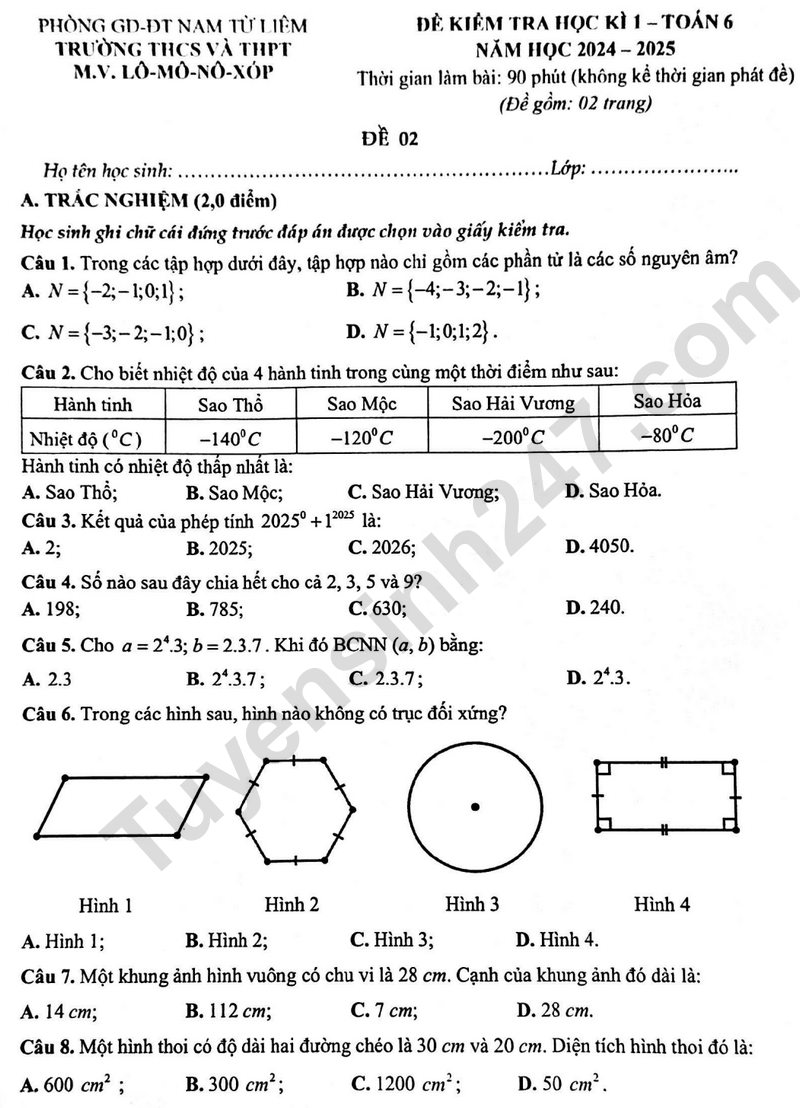 Đề thi cuối kì 1 Toán 6 - THCS và THPT M.V.Lô-Mô-Nô-Xốp 2024