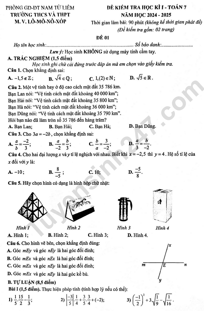 Đề thi HK1 môn Toán lớp 7 năm 2024 - THCS và THPT M.V.Lô-Mô-Nô-Xốp