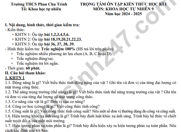 Đề cương ôn tập kì 1 THCS Phan Chu Trinh 2024 - môn KHTN 9