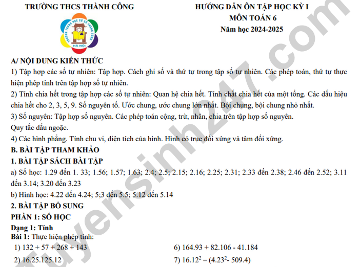 Hướng dẫn ôn tập kì 1 lớp 6 môn Toán 2024 - THCS Thành Công