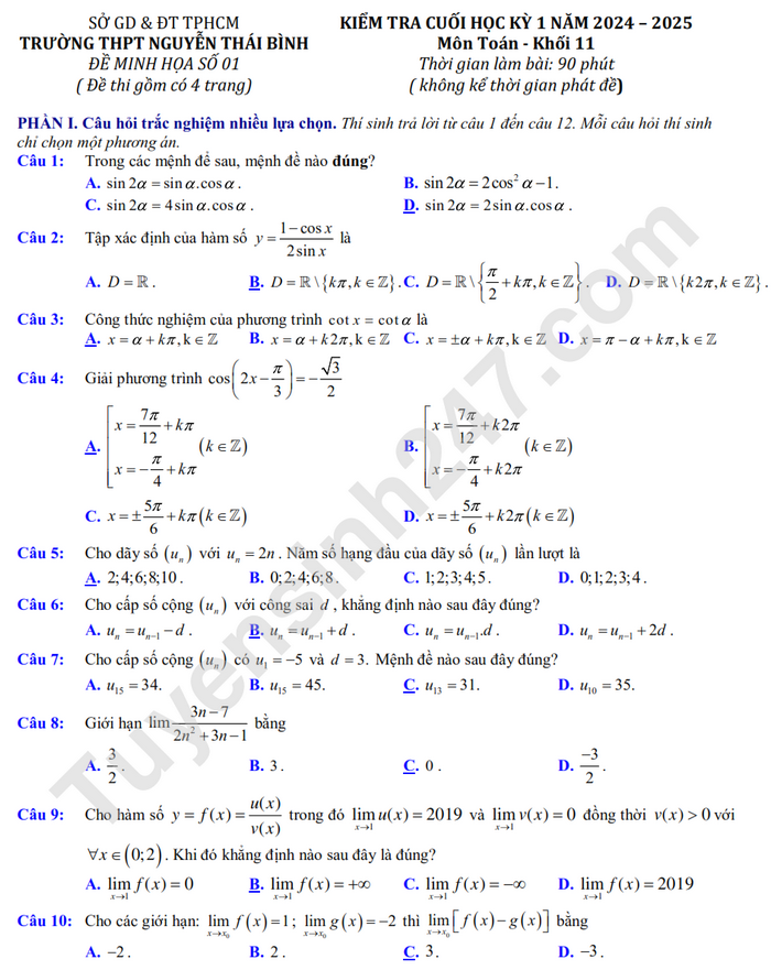 Đề thi cuối học kì 1 môn Toán lớp 11 năm 2024 - THPT Nguyễn Thái Bình