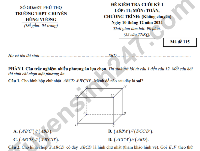 Đề thi học kì 1 môn Toán lớp 11 THPT Chuyên Hùng Vương 2024