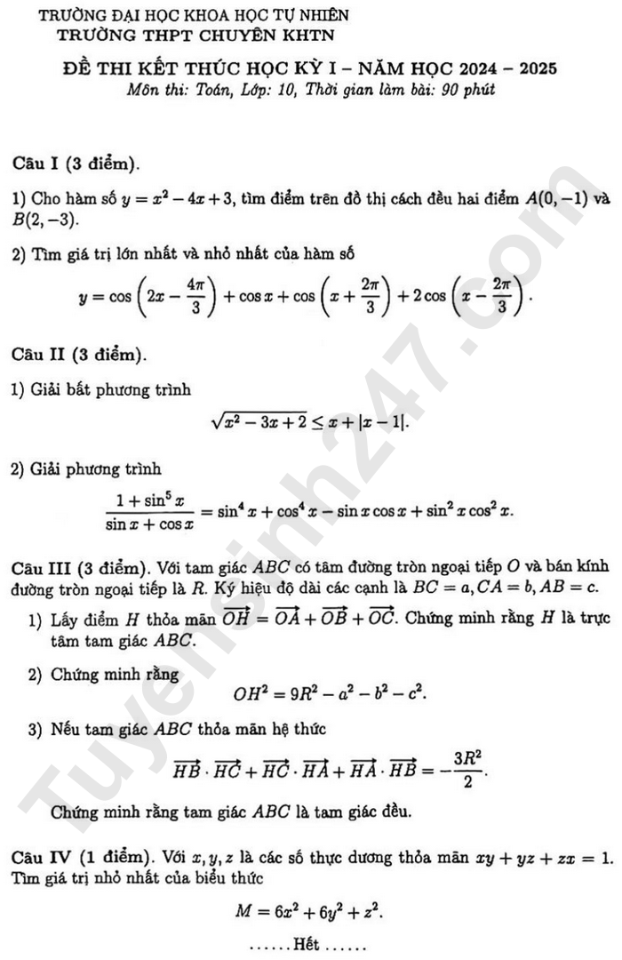 Đề thi cuối kì 1 lớp 10 môn Toán năm 2024 - THPT chuyên KHTN