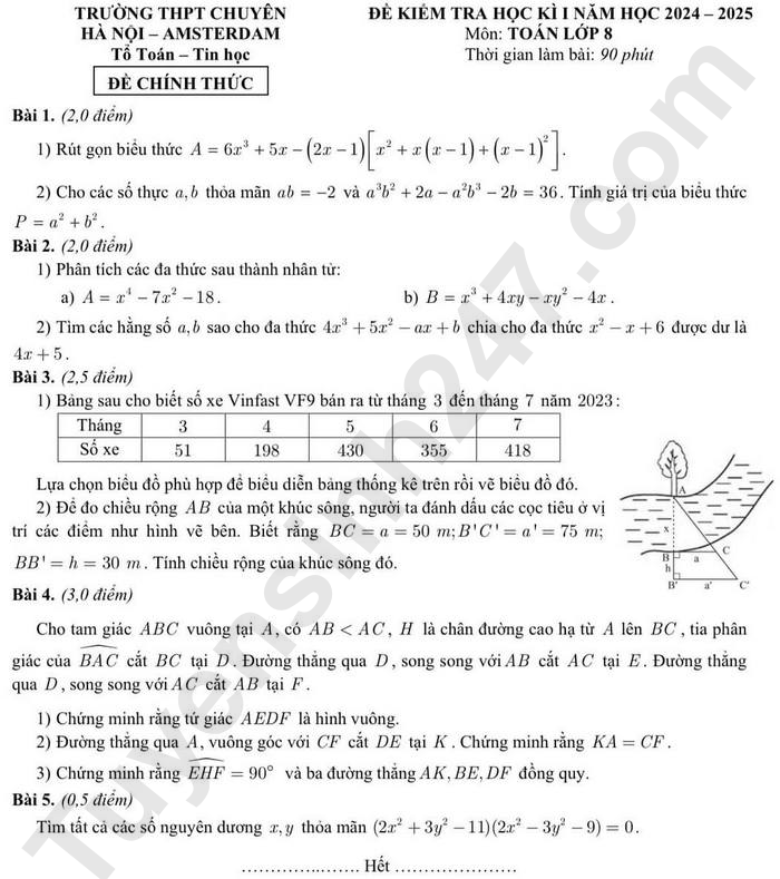 Đề thi kì 1 môn Toán lớp 8 - Chuyên Amsterdam 2024