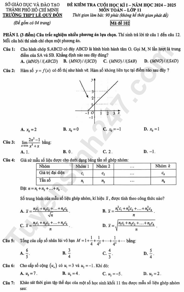 Đề thi HK 1 lớp 11 môn Toán năm 2024 - THPT Lê Quý Đôn