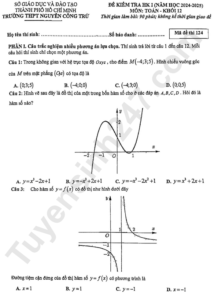 Đề thi HK1 lớp 12 môn Toán - THPT Nguyễn Công Trứ 2024