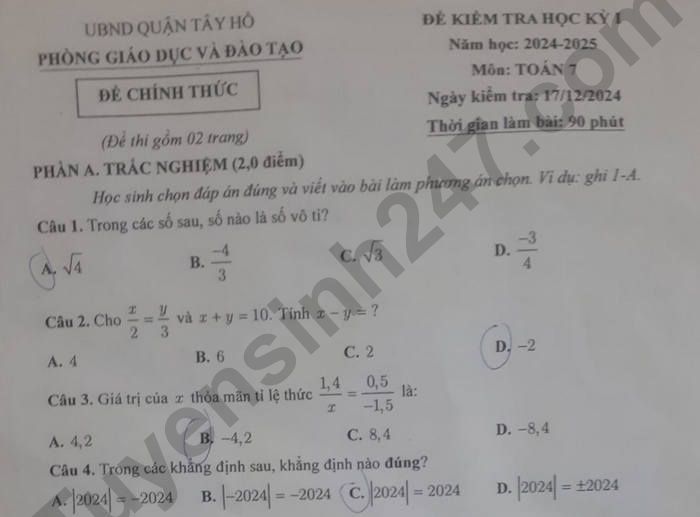 Đề thi học kì 1 môn Toán lớp 7 Quận Tây Hồ năm 2024