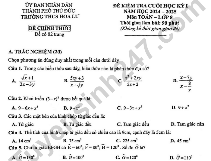 Đề thi kì 1 năm 2024 THCS Hoa Lư - môn Toán lớp 8