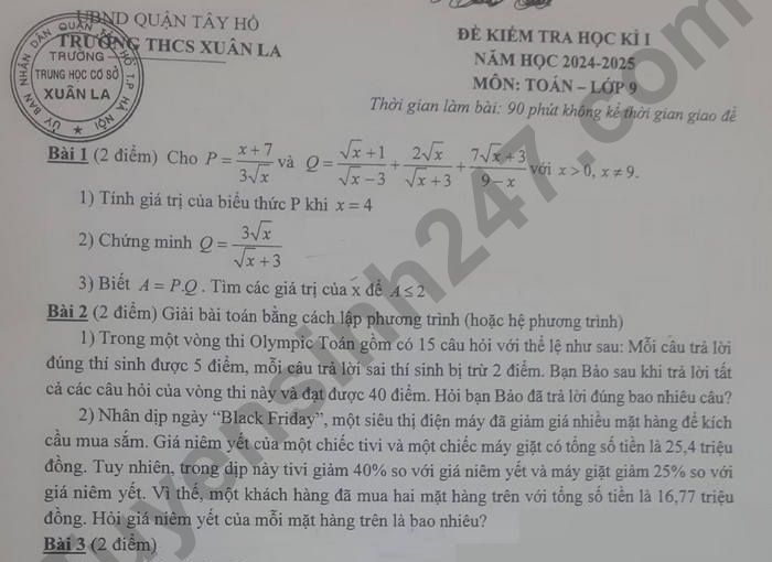 Đề thi học kì 1 lớp 9 môn Toán năm 2024 - THCS Xuân La