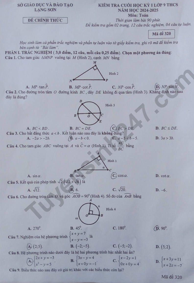 Đề thi HK1 lớp 9 môn Toán - Sở GD Lạng Sơn 2024