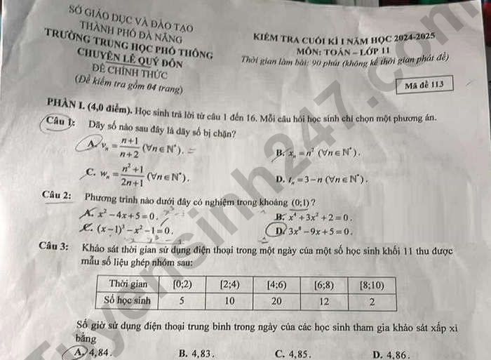 Đề thi cuối kì 1 Toán lớp 11 THPT Chuyên Lê Quý Đôn 2024