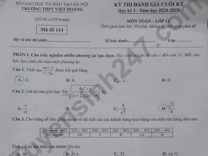 Đề thi học kì 1 Toán lớp 11 THPT Việt Hoàng năm 2024