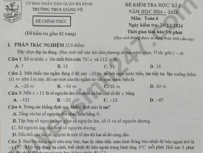 Đề thi học kì 1 năm 2024 THCS Giảng Võ - lớp 6 môn Toán