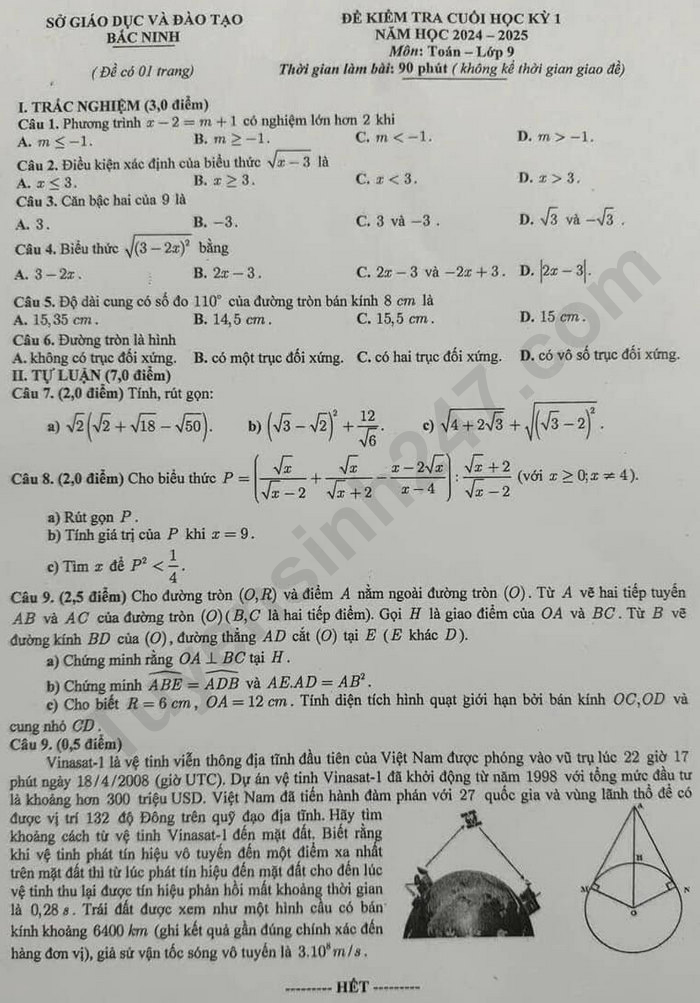 Đề thi học kì lớp 9 môn Toán năm 2024 - Sở GD Bắc Ninh