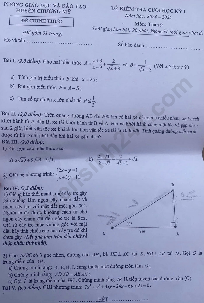 Đề thi học kì môn Toán lớp 9 năm 2024 - Huyện Chương Mỹ