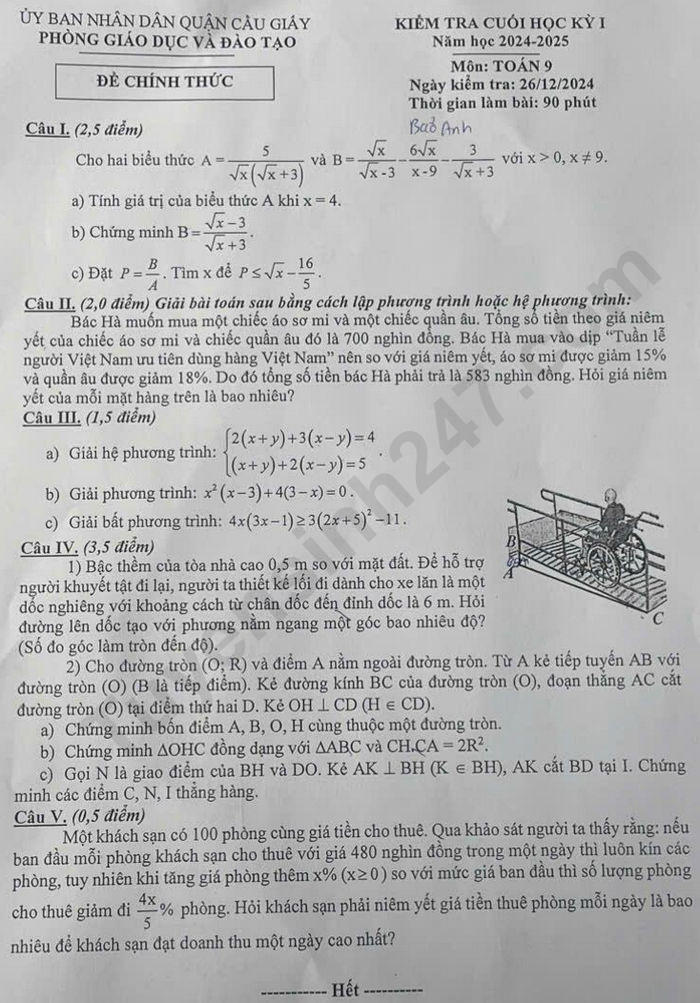 Đề thi học kì 1 lớp 9 môn Toán năm 2024 - Quận Cầu Giấy