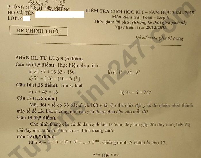 Đề thi cuối kì 1 môn Toán lớp 6 Phòng GD Dầu Tiếng 2024