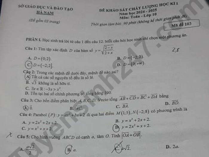 Đề thi học kì 1 lớp 10 môn Toán - Sở GD Hà Nam 2024