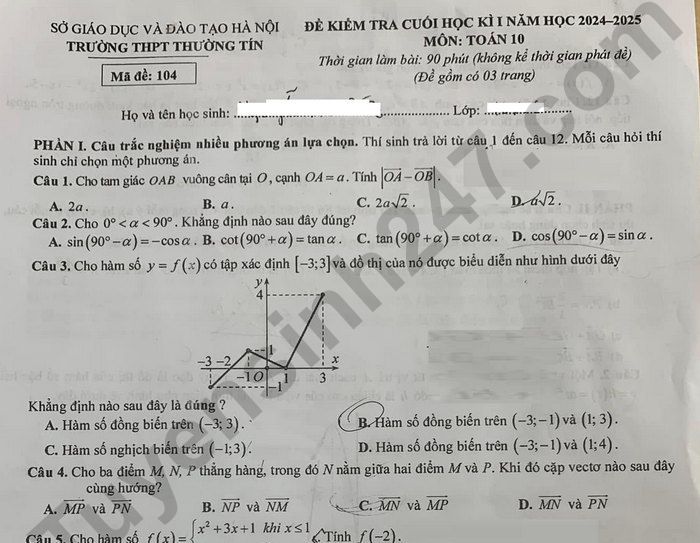 Đề thi cuối kì 1 lớp 10 môn Toán - THPT Thường Tín 2024