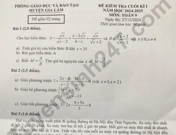 Đề thi cuối kì 1 môn Toán 9 huyện Gia Lâm 2024