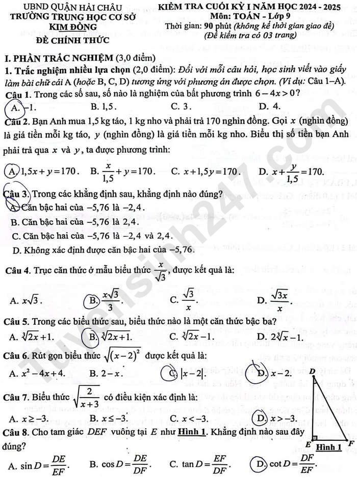 Đề thi kì 1 môn Toán lớp 9 năm 2024 - THCS Kim Đồng