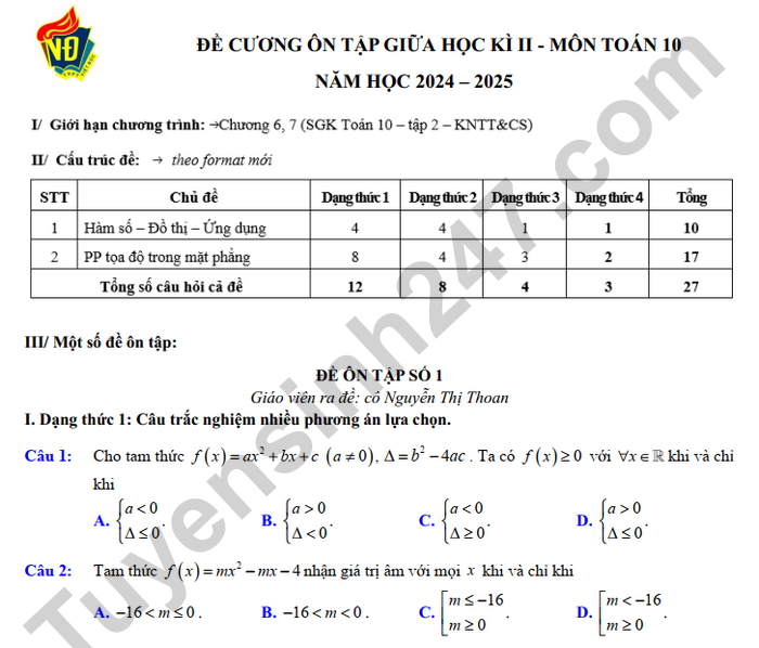 Đề cương giữa kì 2 môn Toán lớp 10 - THPT Việt Đức 2025