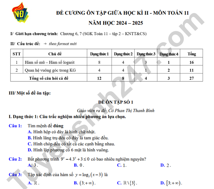 Đề cương ôn tập giữa kì 2 2025 lớp 11 môn Toán - THPT Việt Đức