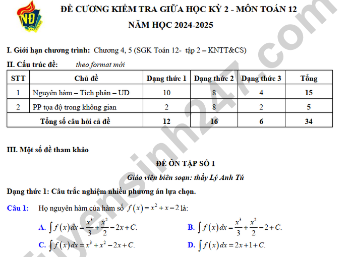 Đề cương ôn tập giữa kì 2 năm 2025 lớp 12 môn Toán - THPT Việt Đức 