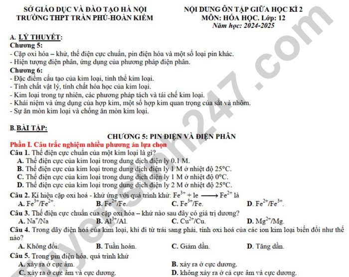 Nội dung ôn tập giữa kì 2 môn Hóa 12 - THPT Trần Phú-Hoàn Kiếm 2025