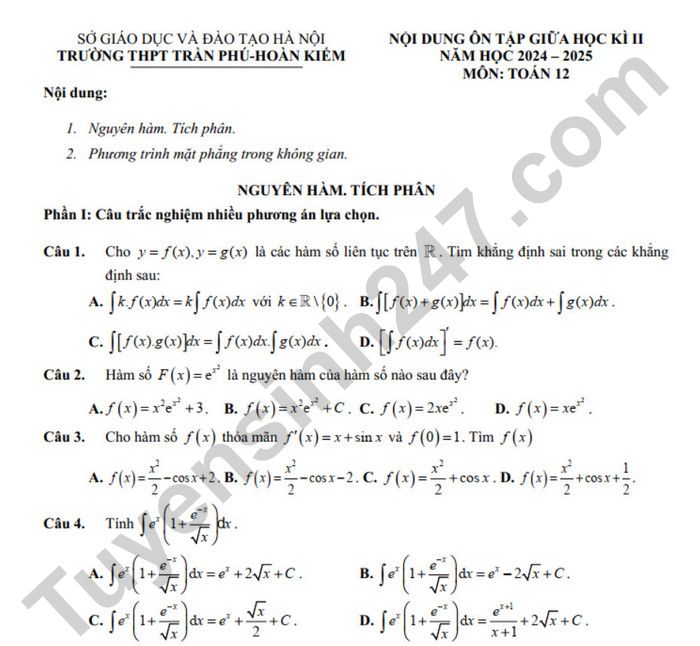 Nội dung ôn tập giữa kì 2 năm 2025 môn Toán 12 - THPT Trần Phú-Hoàn Kiếm