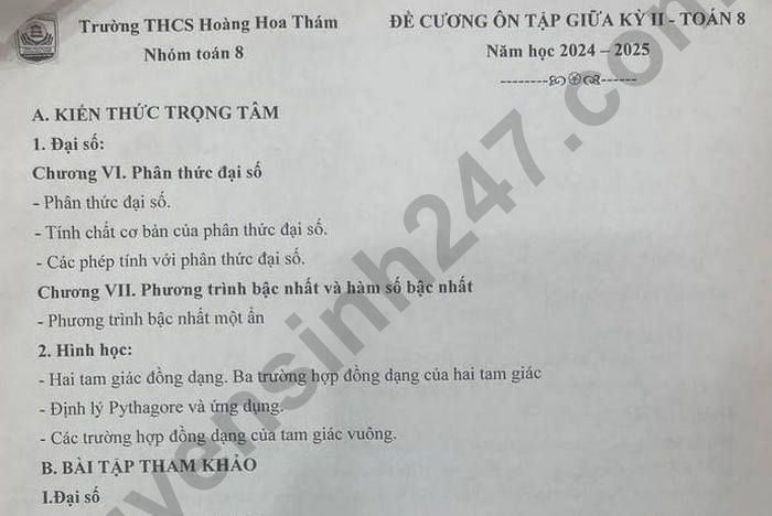 Đề cương ôn tập giữa kì 2 năm 2025 môn Toán 8 - THCS Hoàng Hoa Thám