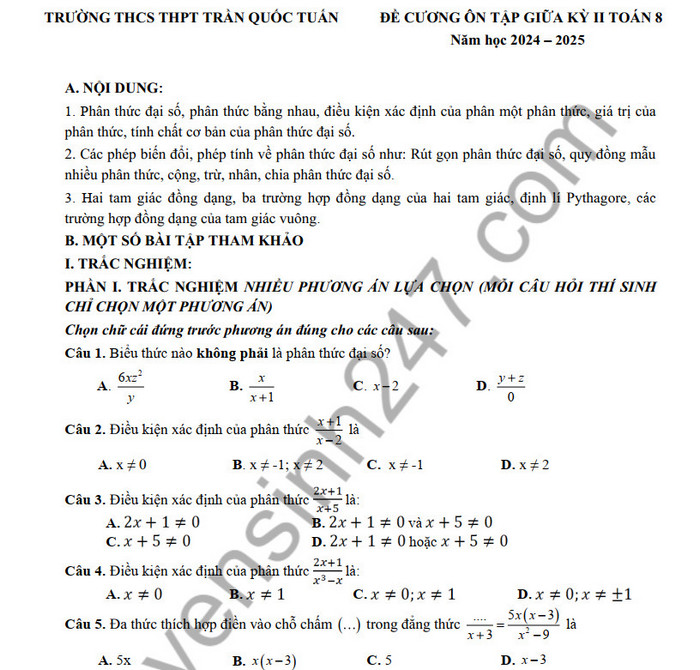 Đề cương ôn tập giữa kì 2 năm 2025 môn Toán 8 - THCS THPT Trần Quốc Tuấn