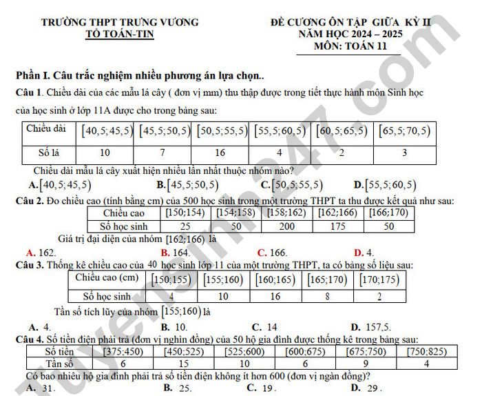 Đề cương ôn tập giữa kì 2 môn Toán 11 - THPT Trưng Vương 2025