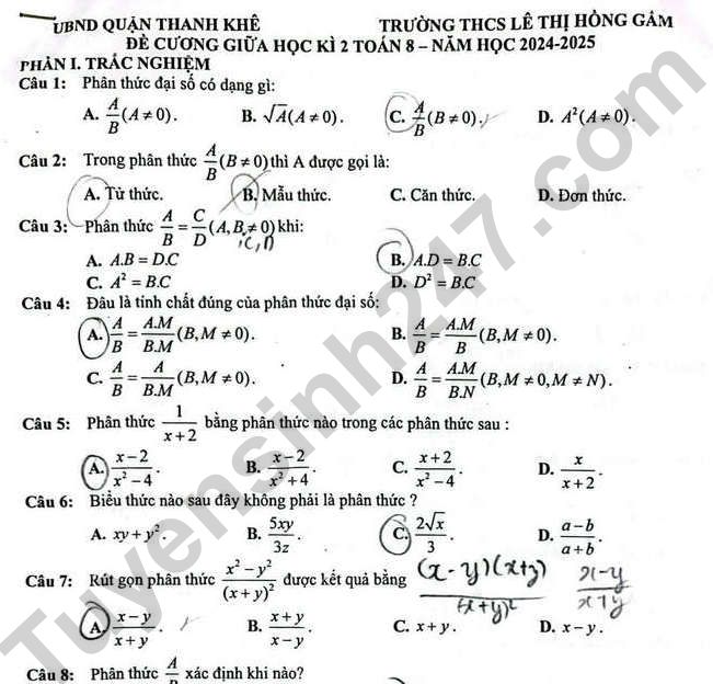 Đề cương giữa kì 2 lớp 8 môn Toán - THCS Lê Thị Hồng Gấm 2025