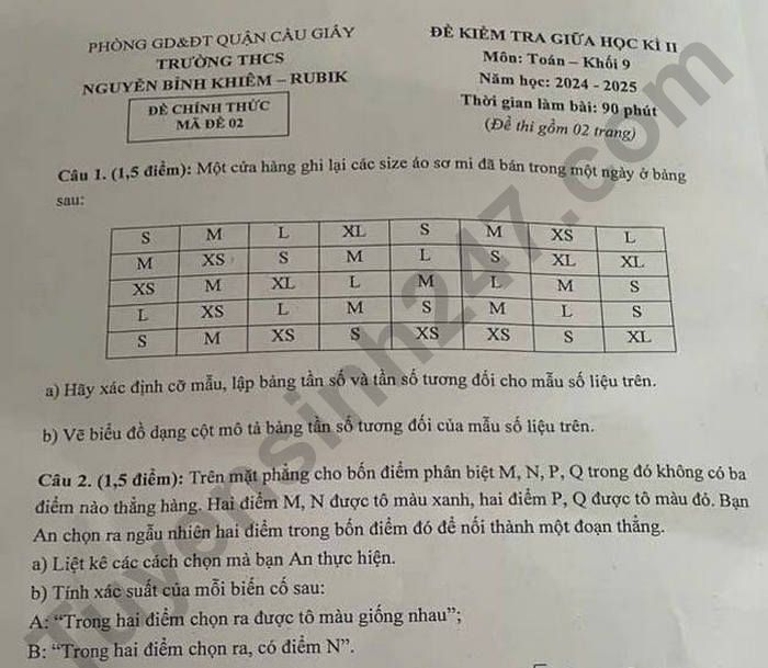 Đề thi giữa học kì 2 lớp 9 môn Toán - THCS Nguyễn Bỉnh Khiêm - RUBIK 2025